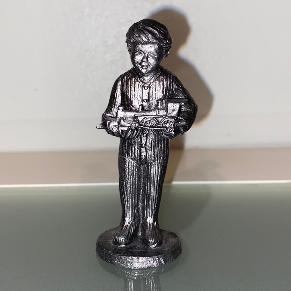Michael Ricker Pewter Boy Holding Toy Train 3" Figure Vintage 1992 USA